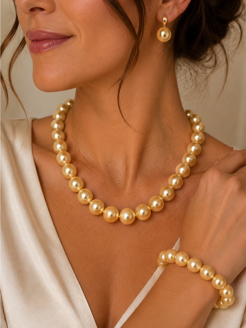 Stauer Australian Pacific Golden Pearl 3-Piece Set Necklace Bracelet Earrings